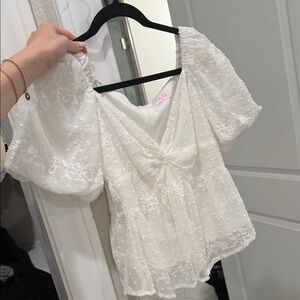 Pink Lily White Embroidered Puff-Sleeve Blouse